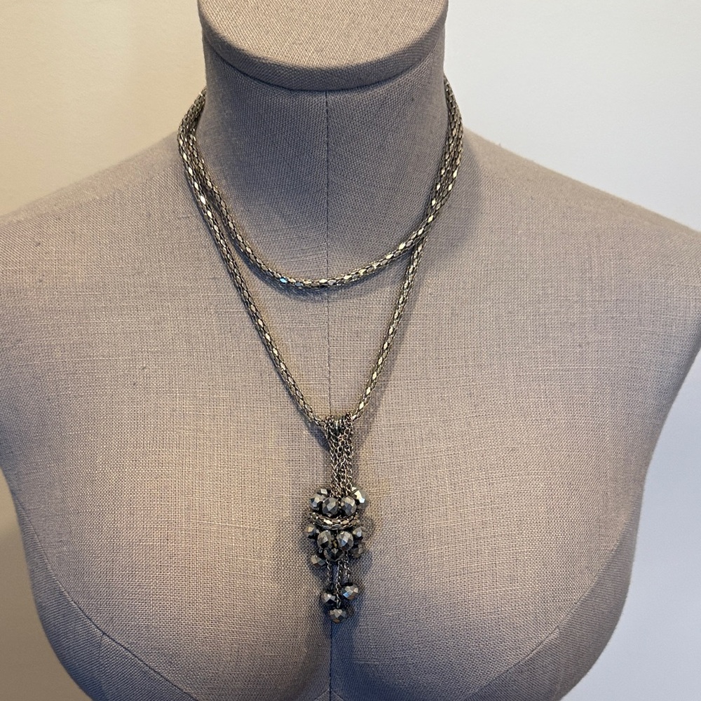 Silver-Tone Long Necklace with Cluster Pendant / Y-Necklace Style